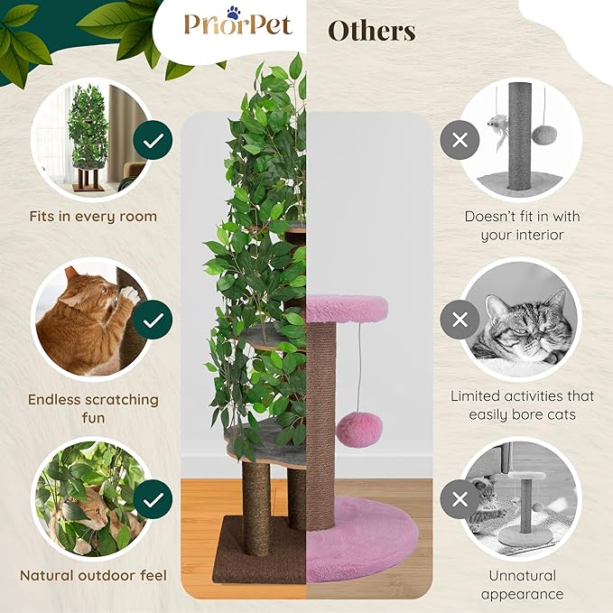Cat Tree with Leaves – Stable & Space-Saving Design – 4 Scratch Levels & 5 Scratching Posts – for Climbing, Hiding and Sleeping – Easy to Assemble – Durable Cat Trees for Indoor Cats – Natural Look
