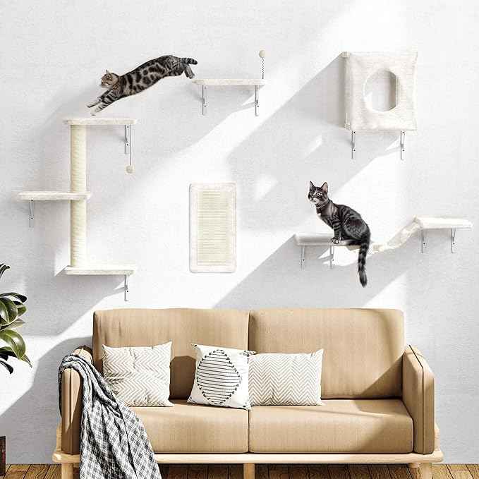 NUNU LAB Cat Wall Shelves, 5Pc Wall Mounted Cat Climber, Floating Perch, Bridge,Tree, House, Modern Indoor Furniture for Kitten - Beige