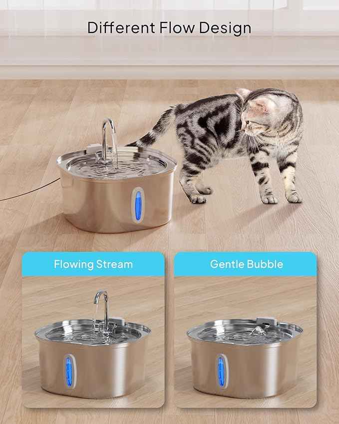 PEKTACO Stainless Steel Cat Water Fountain, 3.2L/108oz Cat Water Dispenser with Quiet Water Pump and Water-Level Window, Dishwasher Safe Pet Drinking Fountain for Cats with 3 Filters + 3 Sponges