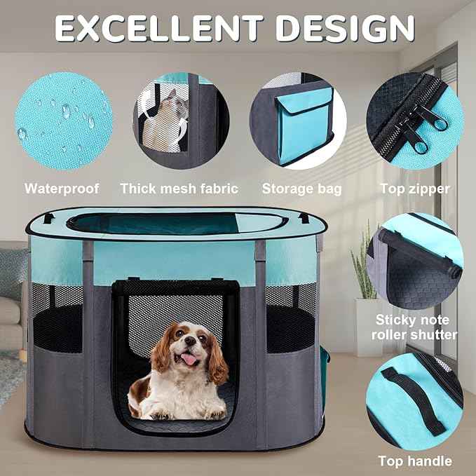 Large Dog Cat Playpen Crate with Waterproof Pad,Portable Collapsible Pet Dog Cat Kennel Cage Tent,Suitable for Indoor Outdoor Travel Camping,Water-Resistant Breathable Shade Cover (Green L)