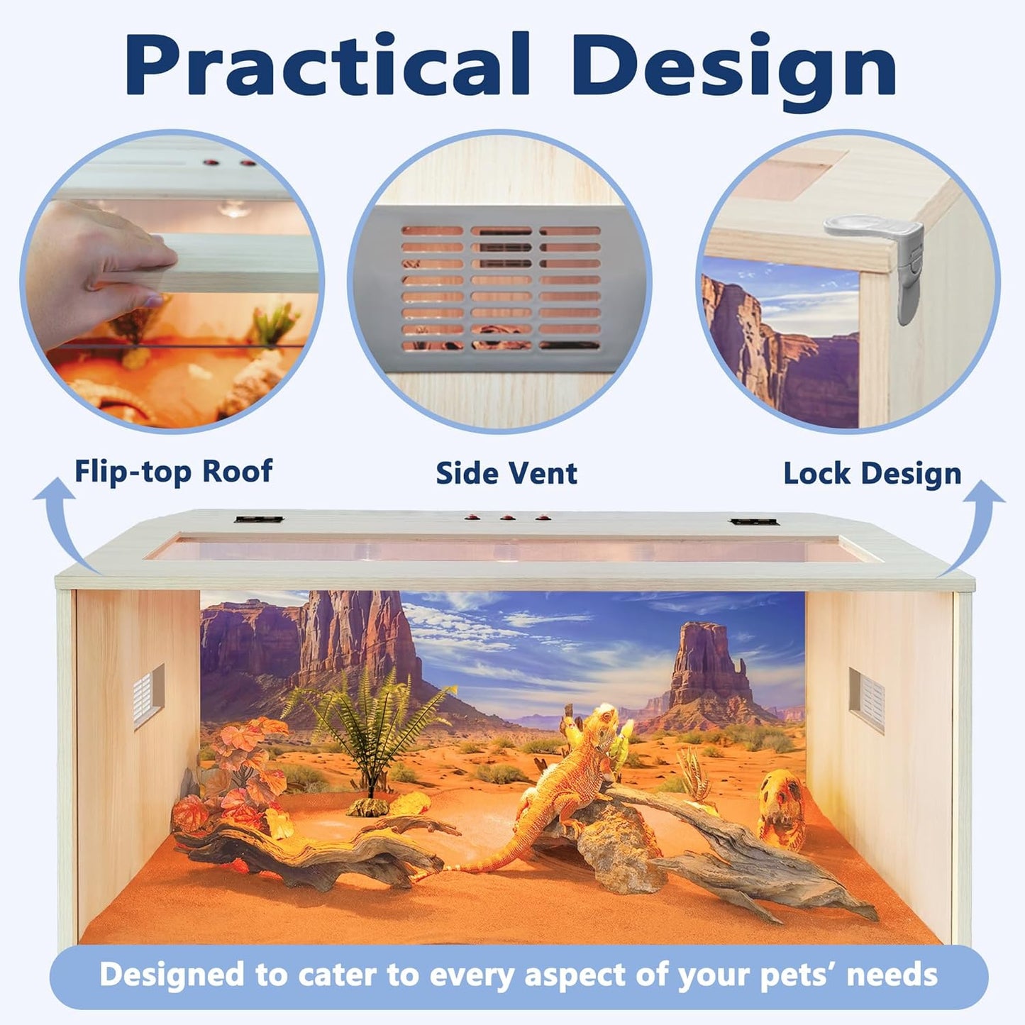 Prolee 63 Gallon Bearded Dragon Tank,Wooden Reptile Tank and Lizard Tank, Large Bearded Dragon Enclosure with Built-in Lamp Fixture, Snake Tank (40" L X 19.5" W X19.5 H) - FurryFun