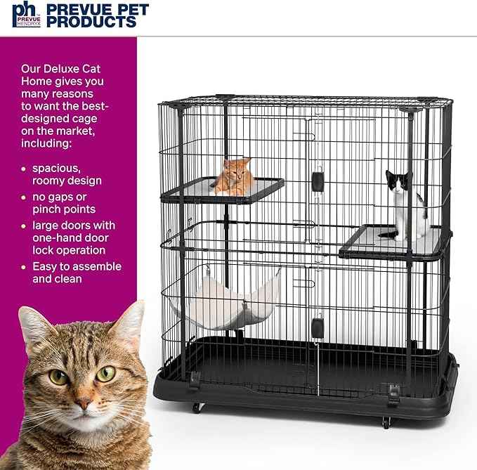 Prevue Pet Products Deluxe Cat Home - Cat Cage Home with 3 Levels, Spacious Indoor Pen, Includes Hammock, Durable & Easy to Clean Kennel, with Rolling Wheel Casters - Black
