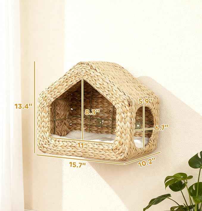 PawHut Wall Mounted Cat House, Cat Wall Condo Furniture with Washable Cushion, Kitty Shelf Bed for Indoor Cats Kittens, Natural