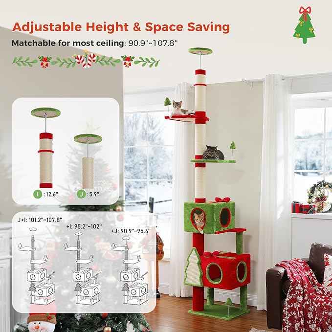 PEQULTI 90.9''-107.8'' Floor to Ceiling Cat Tree for Large Indoor Cats, Tall Christmas Cat Tower with 2 Spacious Condos, Bow Toy and Sisal-Covered Scratching Post & Pad Red/Green