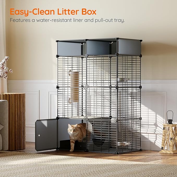 HOOBRO Cat Cage with Litter Box, 3 Tier Indoor Cat Enclosure Playpen with Storage, Food Bowls and Scratching Post, Detachable Metal Wire Kennel Crate, 27.6" L x 17.7" W x 48.8" H, Black and Grey