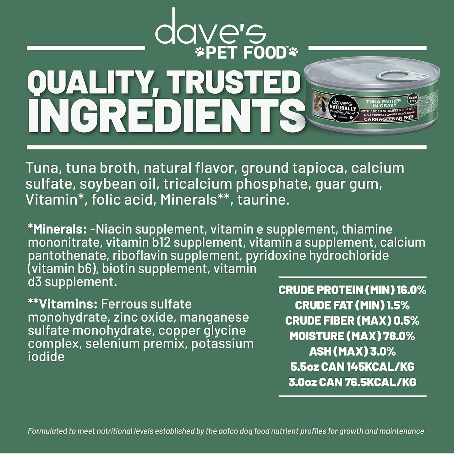 Dave's Pet Food Grain Free Wet Cat Food (Tuna Entrée in Gravy), Naturally Healthy Canned, Added Vitamins & Minerals, Wheat & Gluten-Free, 3 oz (24 Pack)