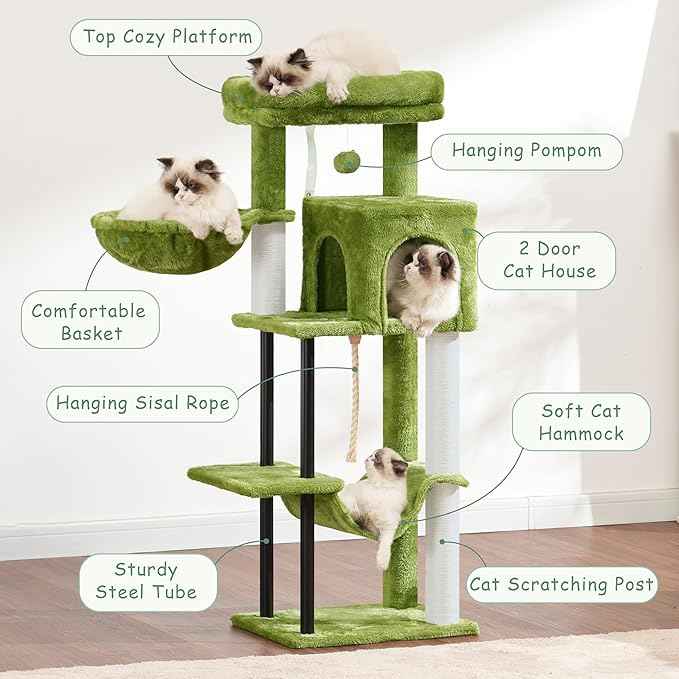 Cat Tree, Cat Tower for Indoor Cats, 43.3 inch Cat Tree Tower with Sturdy Steel Tube, Hammock, Cat Condo for Small Cats and Kittens, Scratching Post, Green GCT004SGR