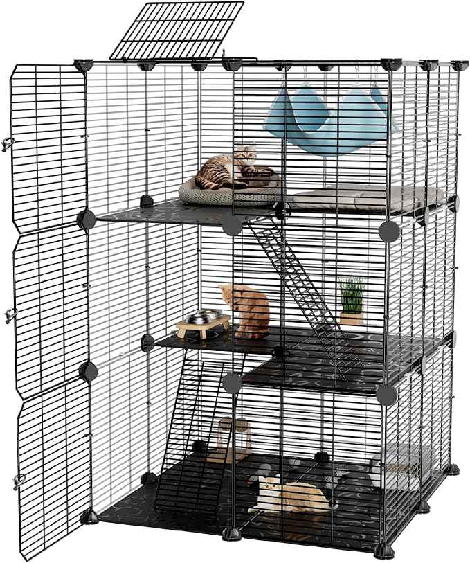 Large Cat Cage Indoor: Enclosed Cat Enclosure DIY Pet Playpen Detachable Metal Wire Kennel Sturdy Crate with Hammock for Cats Kitten