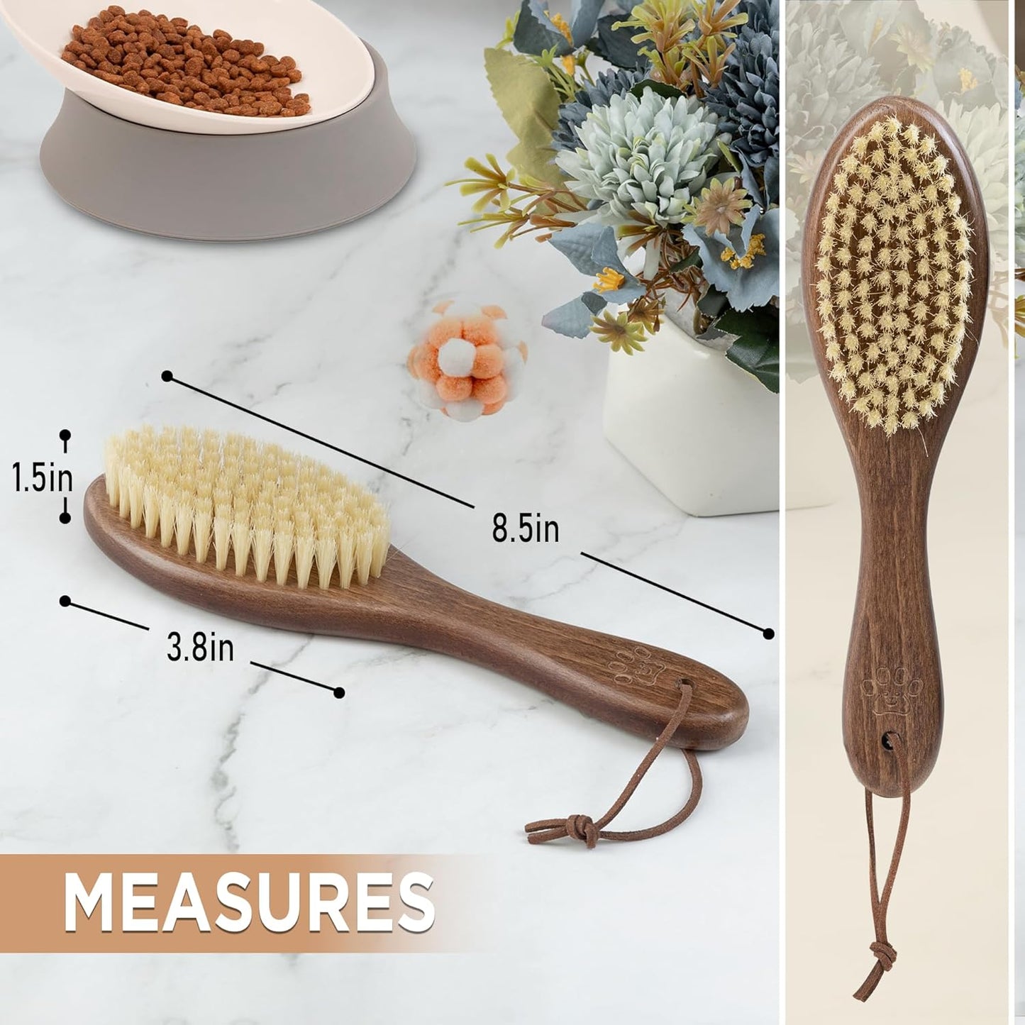 Takavu Natural White Boar Bristle Cat Brush - Gentle Grooming Tool for Sensitive Skin, Smoothing Fur & Healthy Shine - Soft Pet Brush