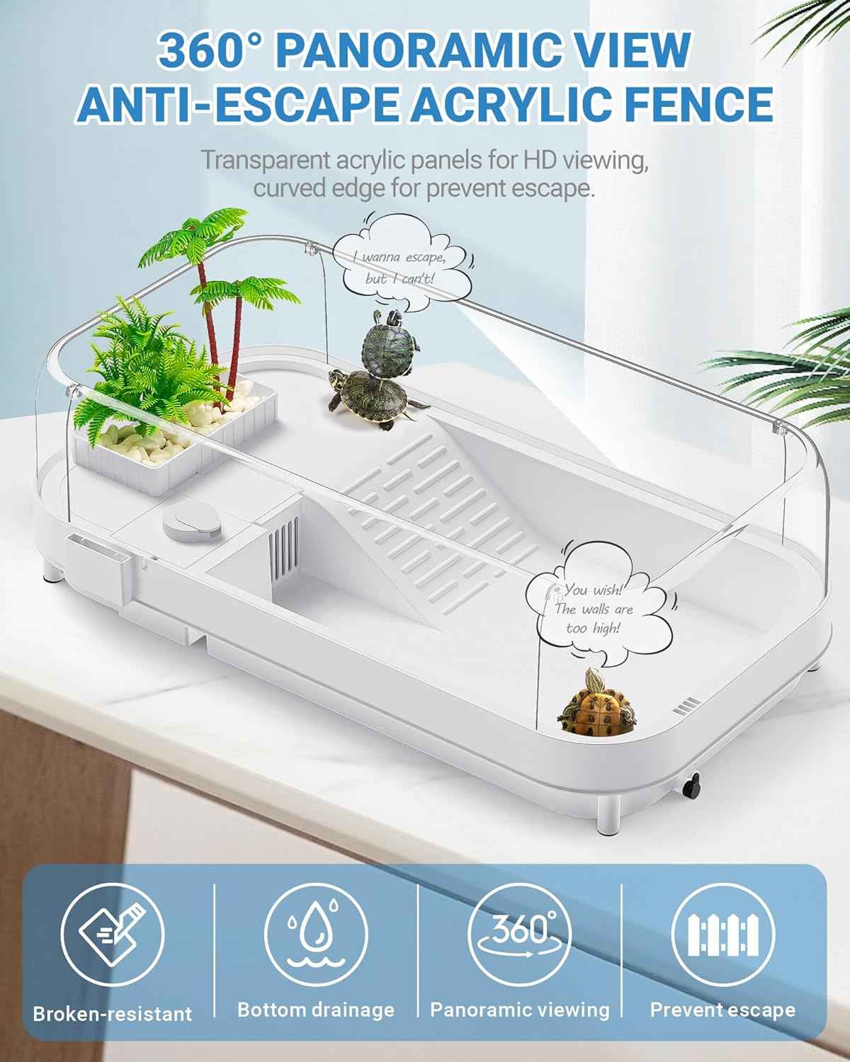 Large Turtle Tank Kit (Tank + Lamp + Filter), Acrylic Turtle Tank Starter Kit, Tank Aquarium with Heightened and Curved Fences, Bottom Drainage, Multi-Function Areas (Black Lamp)