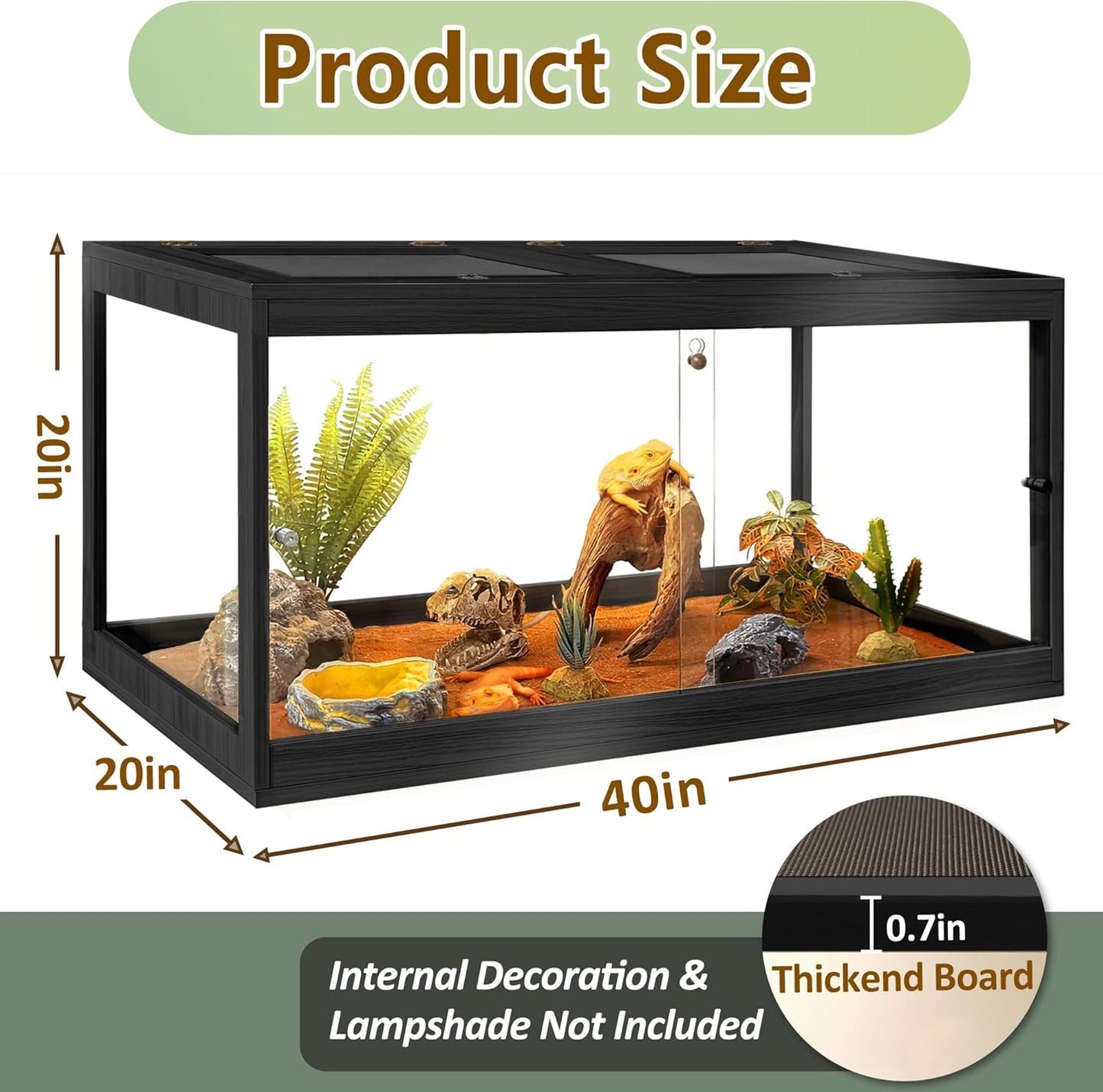 PROLEE Bearded Dragon Tank,Tempered Glass Reptile Tank with Mesh Roof and Front Sliding Door,Anti-Scratch Lizard Tank,Spacious Reptile Enclosure for Snakes,Lguanas (Black, 63Gallons,40"x20"x20") - FurryFun