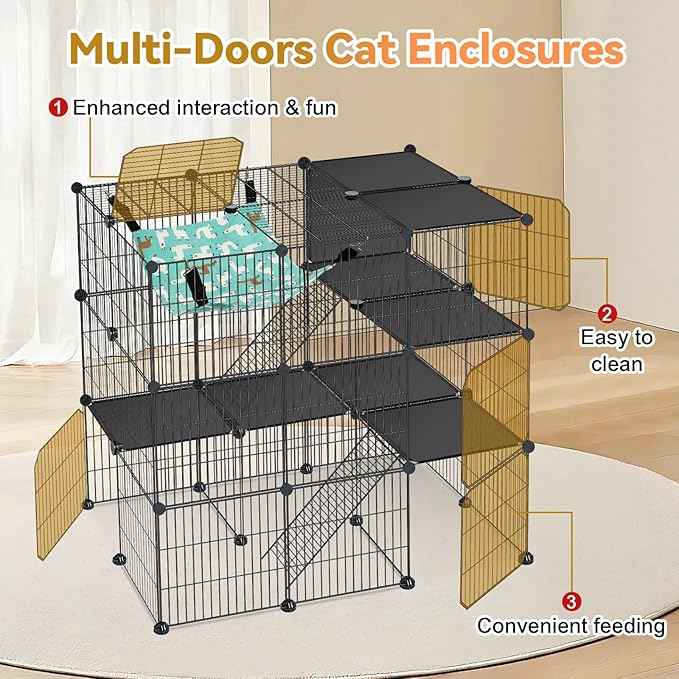 Cat Cage, 3-Tier DIY Cat Enclosures Catio, Cat Playpen Indoor & Outdoor with Hammock, Detachable Metal Wire Kennel Cats Crate, 2x3x3 Exercise Place for 1-3 Cats/Kitten