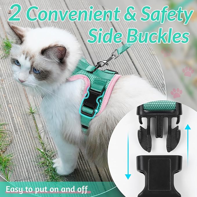 rabbitgoo Cat Harness and Leash for Walking, Escape Proof Soft Adjustable Vest Harnesses for Cats, Easy Control Breathable Reflective Strips Jacket, Green&Pink, S