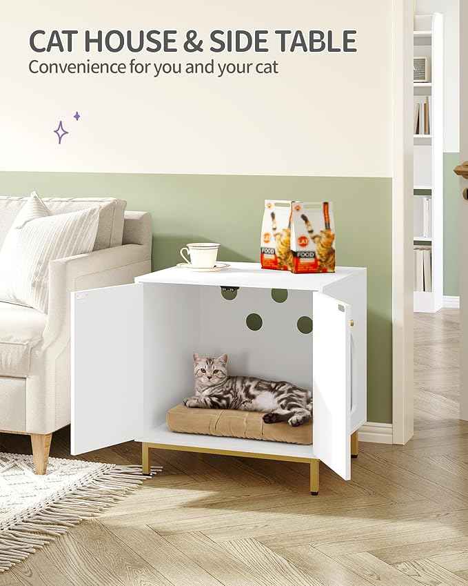 Cat Litter Box Enclosure, Hidden Litter Box Furniture Cabinet, Wooden Indoor Cat House, Side End Table, Living Room, Bedroom, White and Gold CB81203G