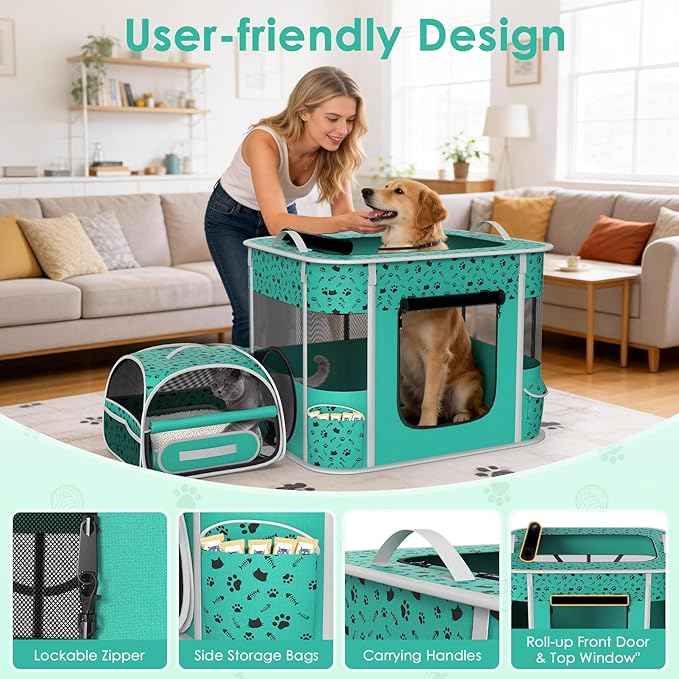 Cat Playpen - Portable Dog Playpen with Litter Box, Foldable Soft Dog Crate for Indoor/Outdoor, Pop Up Cat Enclosure, Collapsible Puppy Kitten Rabbit Cage Tent，2-Room