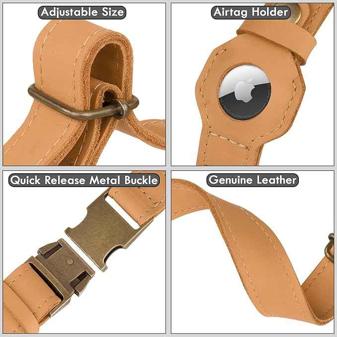 AirTag Dog Collar - Genuine Leather Dog Collar with Apple AirTag Holder and Metal Buckle - Smart GPS Tracking Pet Collars (Light Brown, S, 12"-15" Neck Fit)
