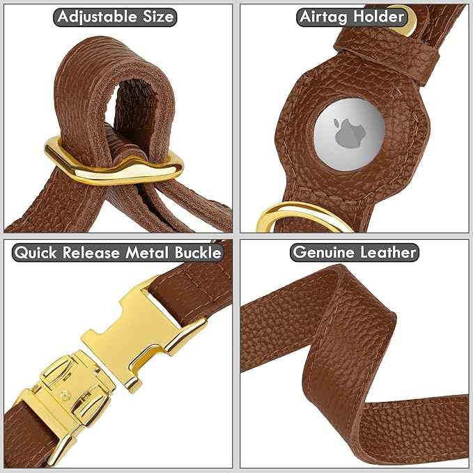 Leather Airtag Dog Collar - Soft Tracking Dog Collar with Apple AirTag Holder and Metal Buckle - Safety GPS Pet Collars for Small Medium Large Dogs Puppy Pink Red (Brown, XS, 9"-12" Neck Fit)