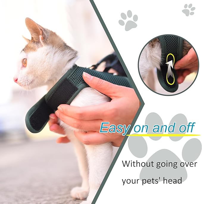 Cat Harness and Leash for Walking Escape Proof Breathable Mesh Fabric, Solid Green, Extra Large, Adjustable Cat Walking Jackets with Handle, Padded Stylish Cat Vest