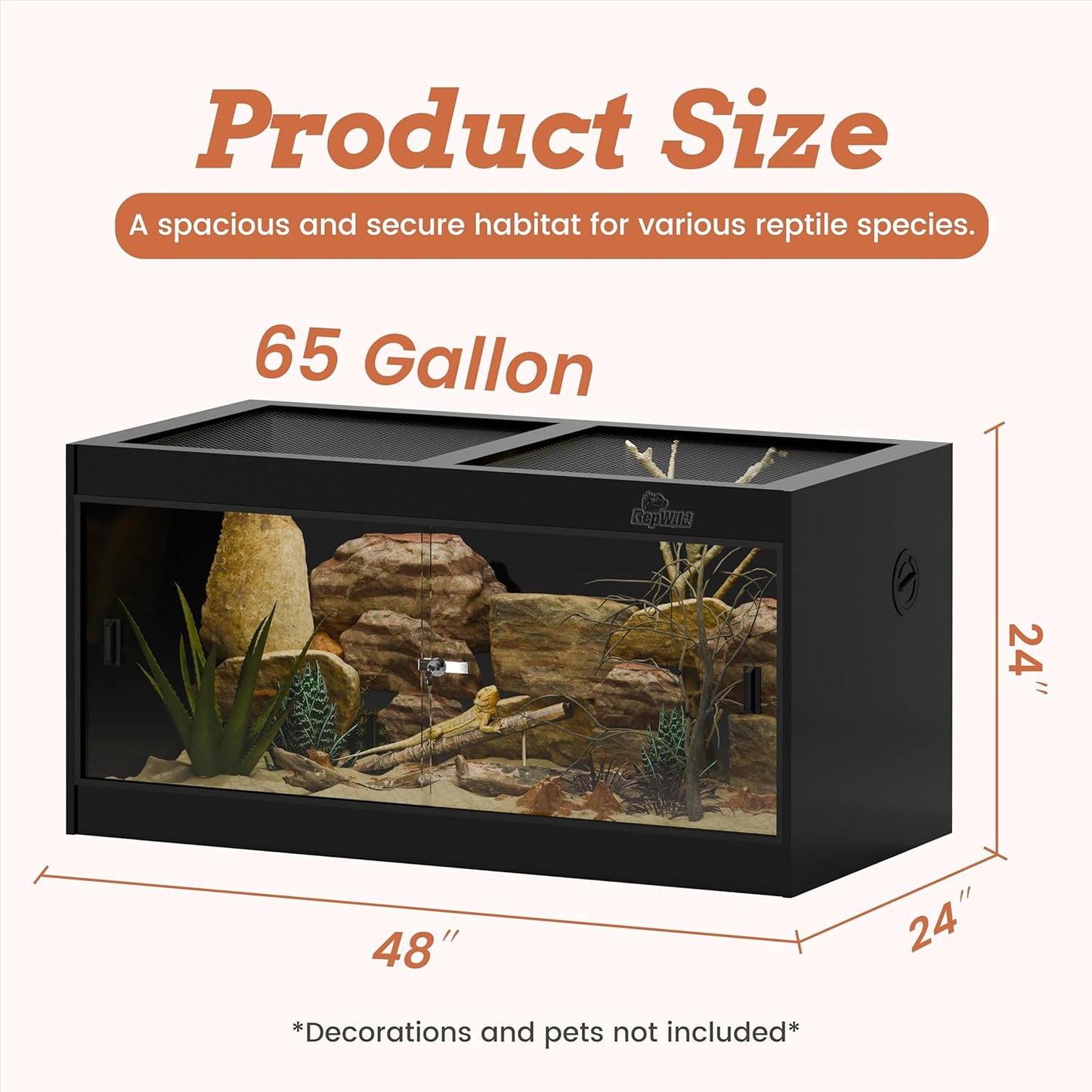 4x2x2 (120 Gallon) PVC Reptile Enclosure, RepWild Terrarium/Tank with Heavy-Duty Screen Top, Glass Sliding Doors & Lock for Bearded Dragons, Ball Python, Geckos, Lizards - FurryFun