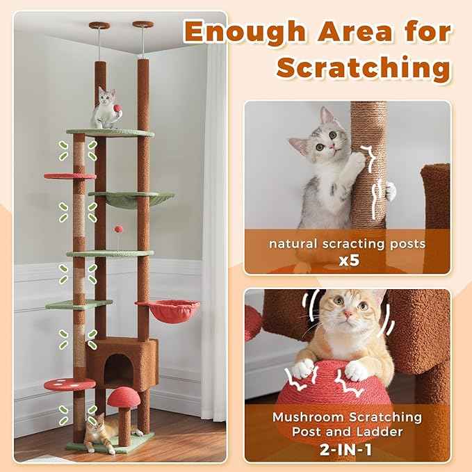 PETEPELA Floor to Ceiling Cat Tree, Adjustable 90.5''-100.4'' Cat Tower Mushroom Climbing Tree with Scratching Posts, Spacious Condo and Large Hammock for Indoor Cats Large Adult, Brown