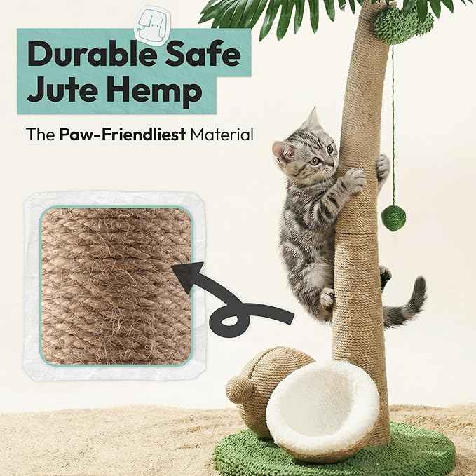Cat Scratching Post 33 Inch Palm Tree with Hanging Balls and Double Coconut Toys, Cat Scratcher for Indoor Kittens, Extra Stable Base, Paw-Friendly Jute Material M