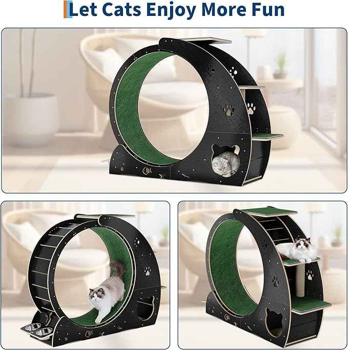 55" Multi-Cat Exercise Wheel with 3-Level Jumper & Scratching Pad - Silent TPE Spinner Activity Center with Rest Area to Prevent Boredom and Obesity in Indoor Cats
