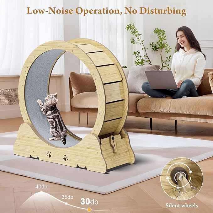 Cat Exercise Wheel, Quiet 34" Cat Treadmill for Indoor Cats, Running Wheel with Carpeted Runway & Safety Lock, Compact Design for Small & Adult Cats Weight Loss & Daily Exercise