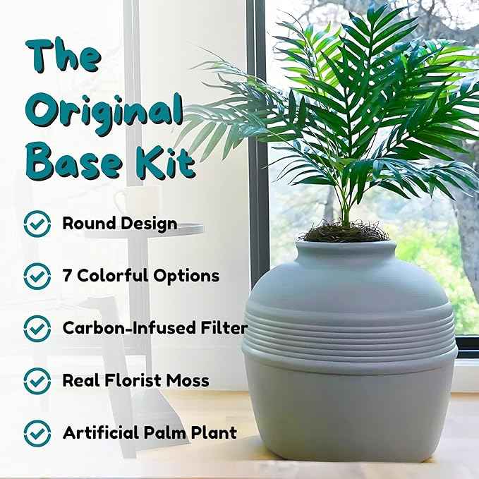 Good Pet Stuff Hidden Litter Box Planter, Decorative Cat Litter Enclosure with Carbon Filter, Artificial Plant, Easy Clean, Indoor Design, Original Round Style, Base Kit, Stone Gray
