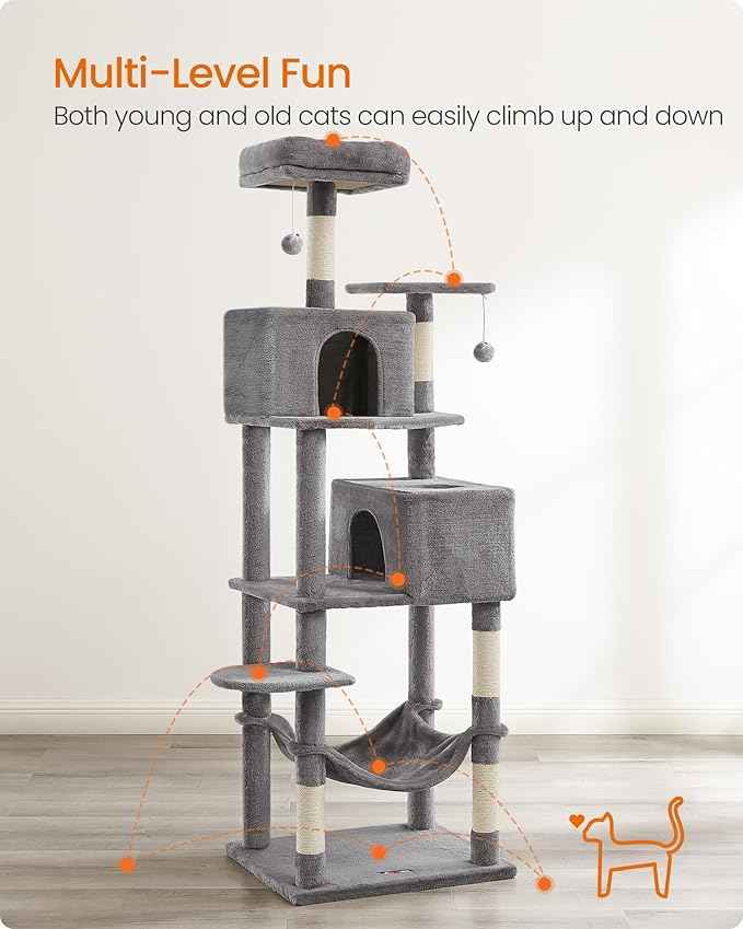 Feandrea Cat Tree, 73.2-Inch Tall Cat Tower, Plush Multi-Level Condo with 5 Scratching Posts, 2 Perches, 2 Caves, Hammock, 2 Pompoms, Light Gray UPCT191W01