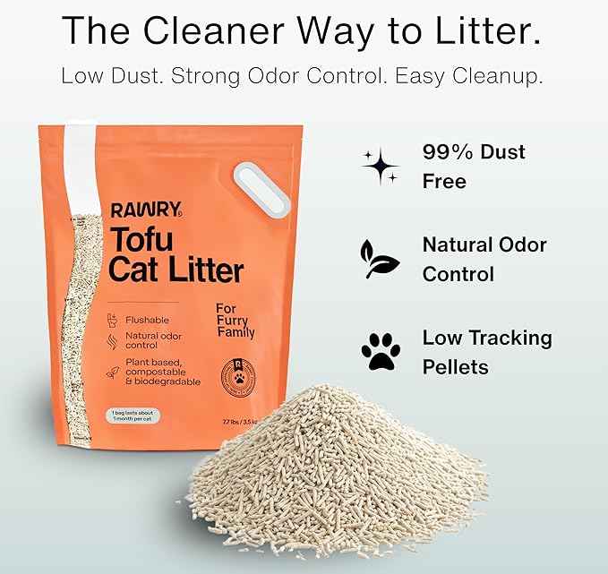RAWRY Tofu Cat Litter | Clumping, Dust-Free, Unscented, Natural Compostable & Flushable Kitty Litter for Odor Control | 3 Month Supply: 23.1lb