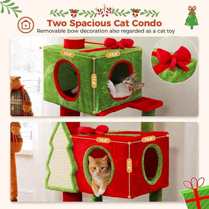PETEPELA Floor to Ceiling Christmas Cat Tree, Tall Cat Tower (Adjustable Height 90.9-107.8 in) with 2 Large Condos, Scratching Posts & Detachable Cat Toys for Large Adult Cats, Red/Green