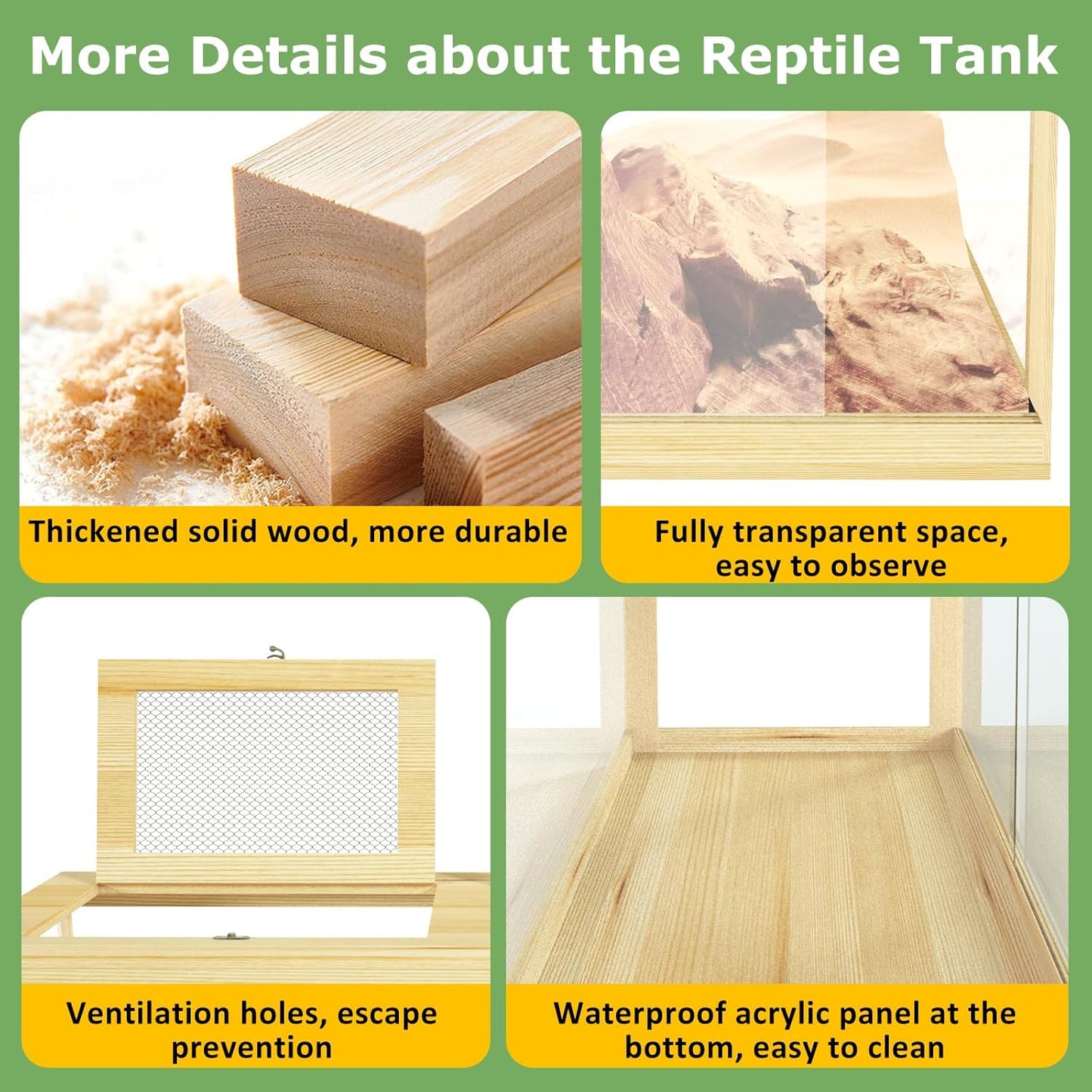 80 Gallon Reptile Tank - 48" Lockable Sliding Door Bearded Dragon & Snake Tank with Metal Mesh Roof, Front Opening Terrarium for Lizards, Leopard Gecko (Wood, 48" x 20" x 20") - FurryFun