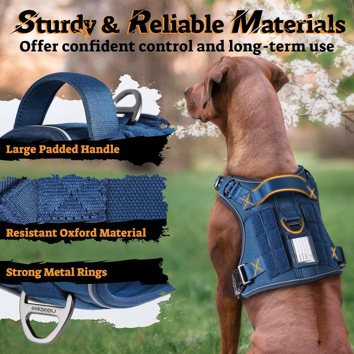 rabbitgoo Dog Harness Medium Sized No Pull, Tactical Service Pet Vest with Molle and Control Handle, Adjustable and Reflective Military Harness for Easy Walking and Training, Blue, M