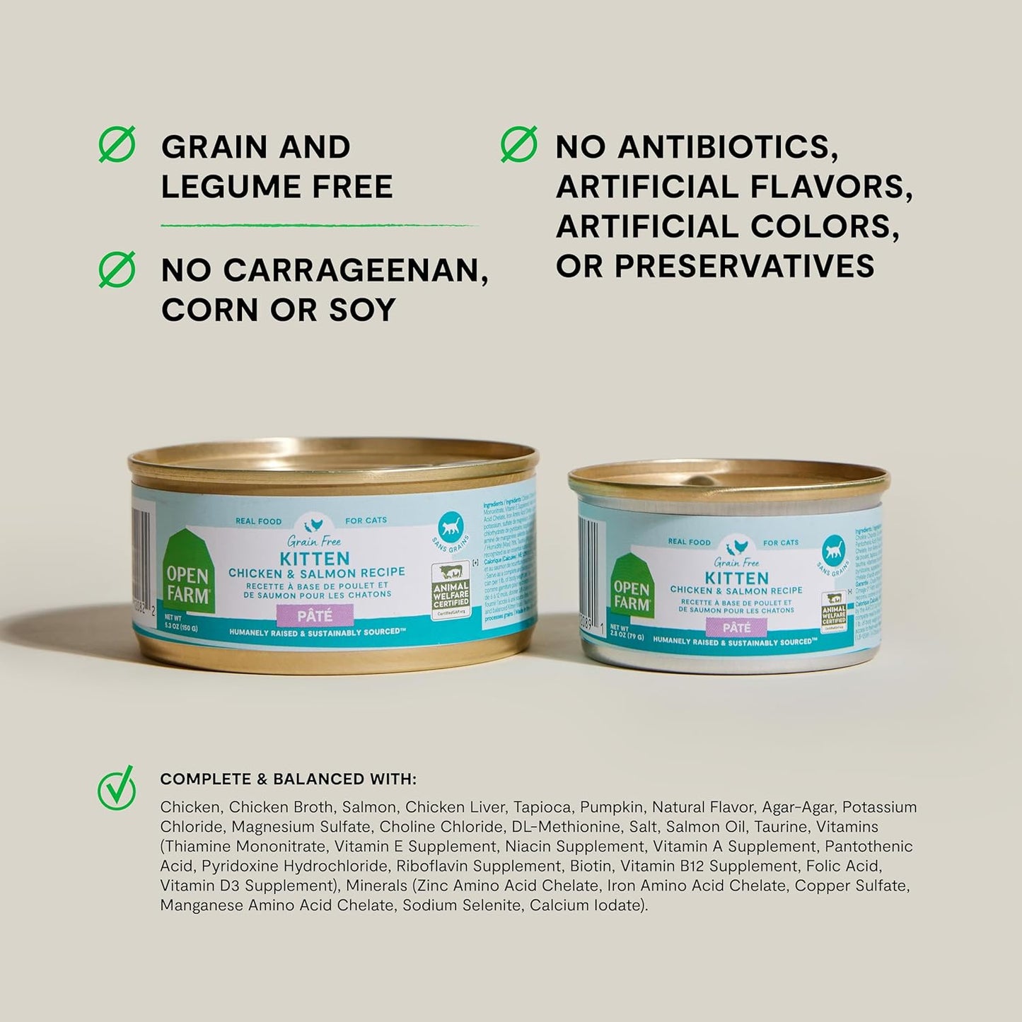 Open Farm Canned Kitten Food, Paté for Complete & Balanced Nutrition, Grain-Free and Legume-Free Wet Kitten Food, Chicken & Salmon Recipe, 5.3oz Cans (Case of 12)