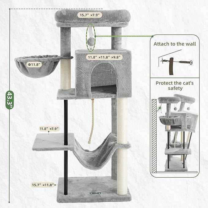 Cat Tree, Cat Tower for Indoor Cats, 43.3 inch Cat Tree Tower with Sturdy Steel Tube, Cat Hammock, Cat Condo for Small Cats and Kittens, Cat Scratching Post, Light Gray GCT004SW