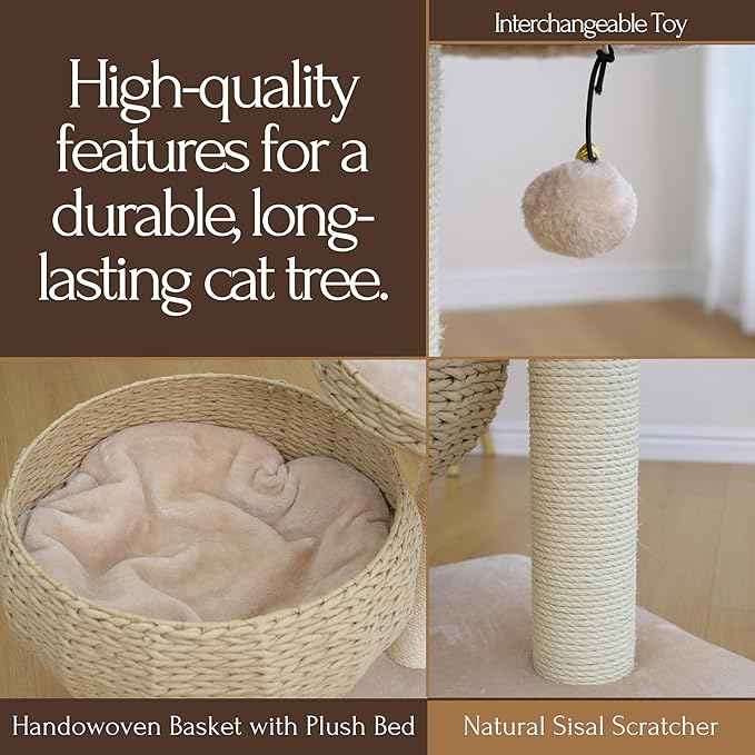 PetPals 23" High Handwoven Recycled Paper Rope Baskets Bed and Perch, Sisal Scratching Post, Playful Teaser Toy, Washable Cushion, for Indoor Cats (Beige)