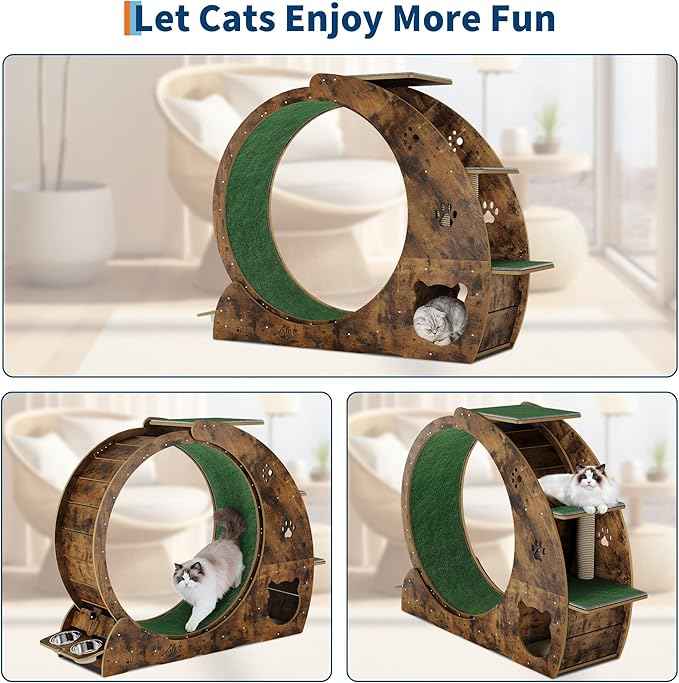 55" Multi-Cat Exercise Wheel with 3-Level Jumper & Scratching Pad - Silent TPE Spinner Activity Center with Rest Area to Prevent Boredom and Obesity in Indoor Cats