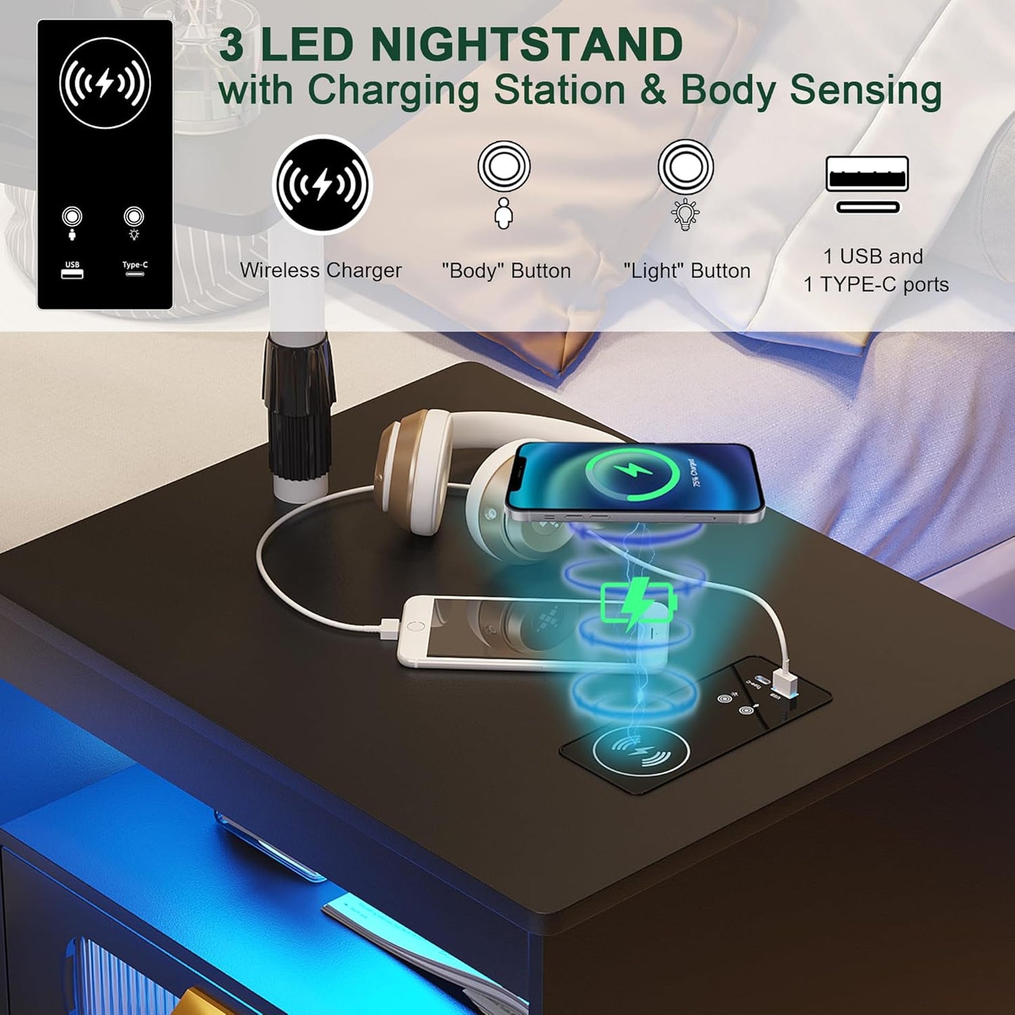 HNEBC Nightstand Set of 2, LED Nightstand with Wireless Charging Station/USB Ports,Smart Nightstand Has Adjustable Rotary Workstation with 2 Drawers,Modern Bedside Table for Bedroom Furniture(Black)