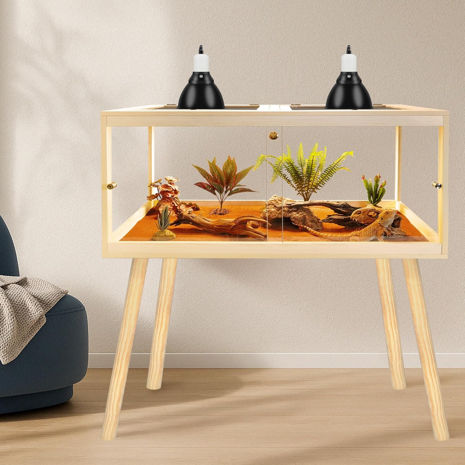 Bearded Dragon Tank with Legs Up to 77 Gallons, Tortoise Habitat with Metal Mesh Top, Reptile Enclosure Lockable Design, Snake Tank (Oak, 77 Gallon, 48" L x 20" W x 47.6" H) - FurryFun