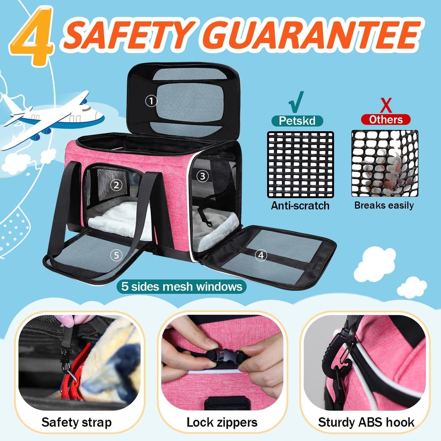 Petskd Top-Expandable Pet Carrier 17x11x9.5 Inches Alaska Airline Approved, Soft-Sided Carrier for Small Cats and Dogs with Locking Safety Zippers and Anti-Scratch Mesh(Pink)