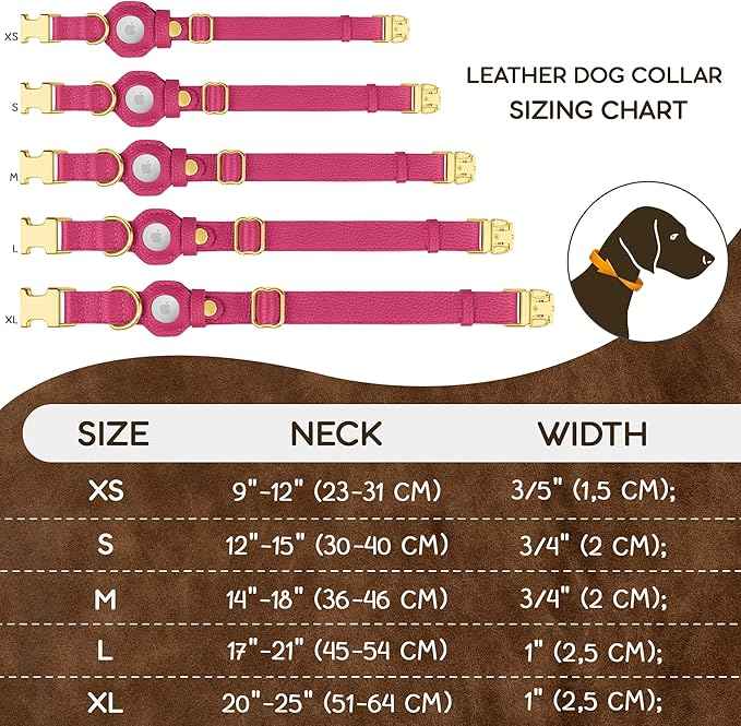 Leather Airtag Dog Collar - Soft Tracking Dog Collar with Apple AirTag Holder and Metal Buckle - Safety GPS Pet Collars for Small Medium Large Dogs Puppy Pink Red (Pink, L, 17"-21" Neck Fit)