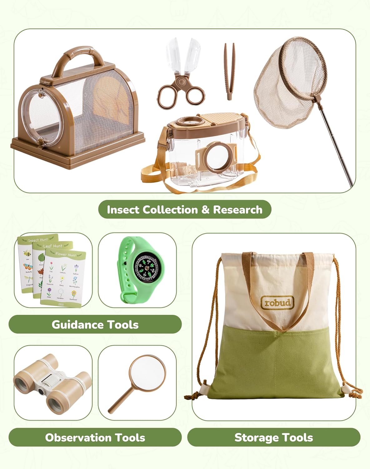 ROBUD Upgraded Kids Explorer Kit, Bug Catcher Kit with Wild Adventure Binoculars, Green Outdoor Exploration Set for Camping, Montessroi Toy for Kids Coming Closer to Nature，WRP30