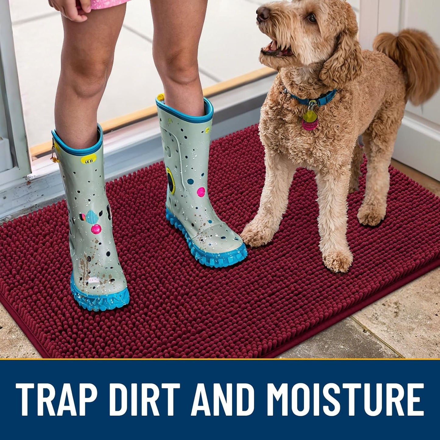 Smiry Dog Door Mat for Muddy Paws 59x24, Absorbs Moisture and Dirt Doormat, Non-Slip Washable Quick Dry Chenille Front Door Mat Indoor Entrance, Entryway Carpet for Inside Floor, Burgundy