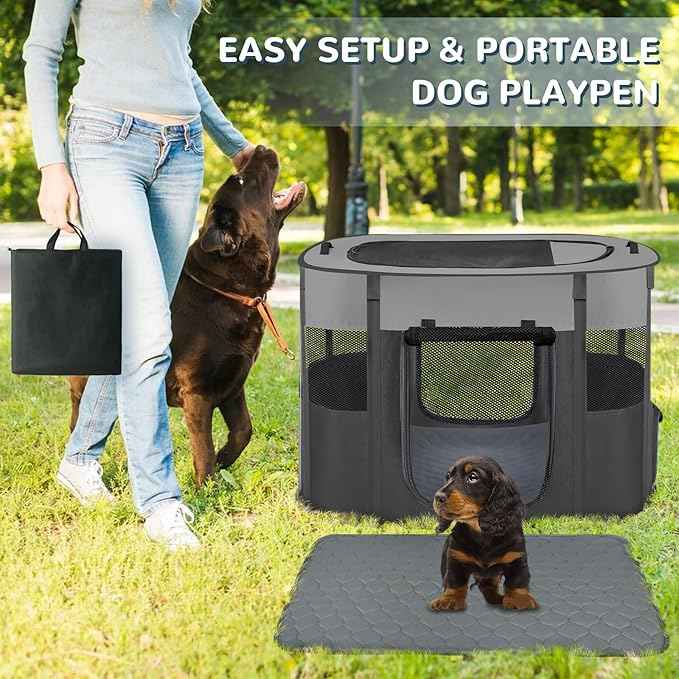 Large Dog Cat Playpen Crate with Waterproof Pad,Portable Collapsible Pet Dog Cat Kennel Cage Tent,Suitable for Indoor Outdoor Travel Camping,Water-Resistant Breathable Shade Cover (Grey L)