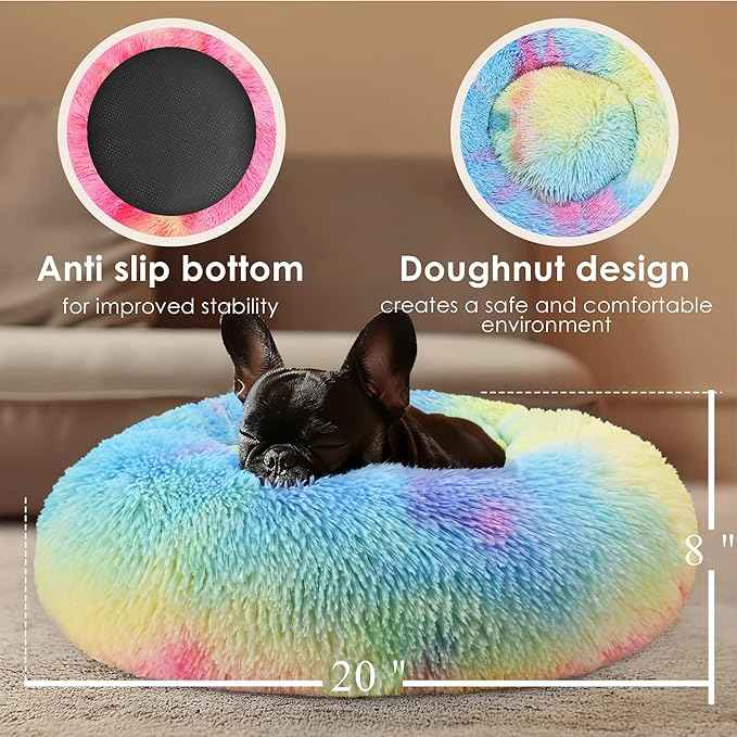 Hoewina Dog & Cat Bed, 20in Cat Beds for Indoor Cats, Calming Donut Bed for Puppy and Kitten, Washable Round Fluffy Pet Bed for Small Medium Dogs and Cats (Rainbow)