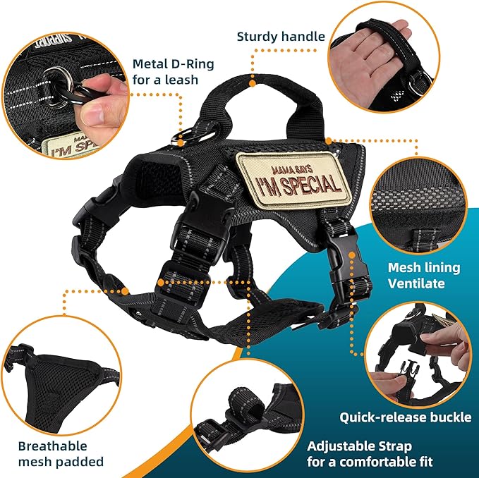 Tactical Cat Harness Black for Walking Esacpe Proof,Adjustable Soft Mesh Large Cat Vest with Rubber Handle Easy to Control,Molle Patches L