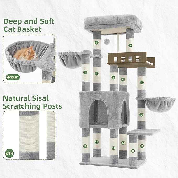 Cat Tree for Indoor Cats Large Adult, Heavy Duty Cat Tree for Large Cats 20 lbs+, Cat Condo with Big Wooden Perch, Cat Tower with 14 Scratching Posts, Hammock, Light Gray GCT023W