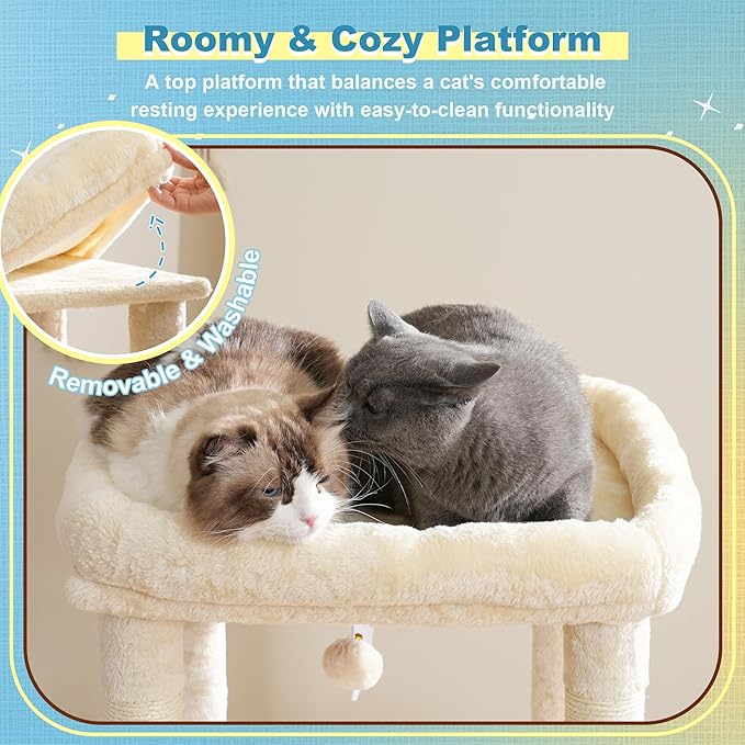 Hey-brother Cat Tree Tower, Scratching Posts with Big Platform, 2 Condos, Spacious Hammock, Cozy Basket, Sisal Board for Indoor Large Adults, 50 Inches Progressive Climbing House, Beige MPJ071M