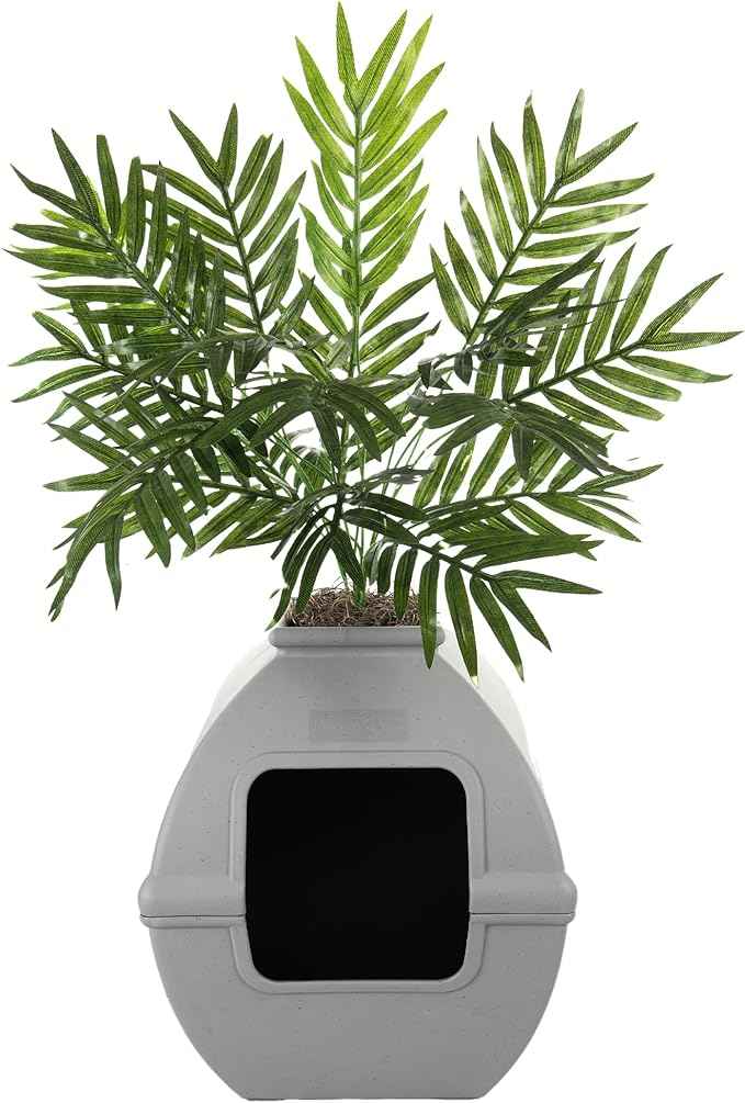 Good Pet Stuff Hidden Litter Box Planter, Decorative Cat Litter Enclosure with Carbon Filter, Artificial Plant, Easy Clean, Indoor Design, Courtyard Square Style, Base Kit, Stone Gray