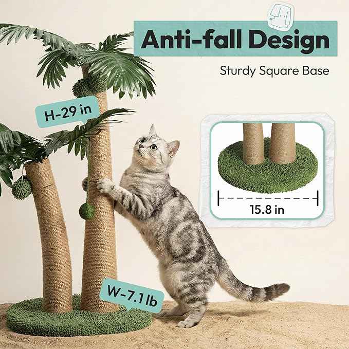 Cat Scratching Post 33 Inch Double Post Support with Hanging Balls, Cat Scratcher for Indoor Kittens, Extra Stable Base, Paw-Friendly Jute Material M